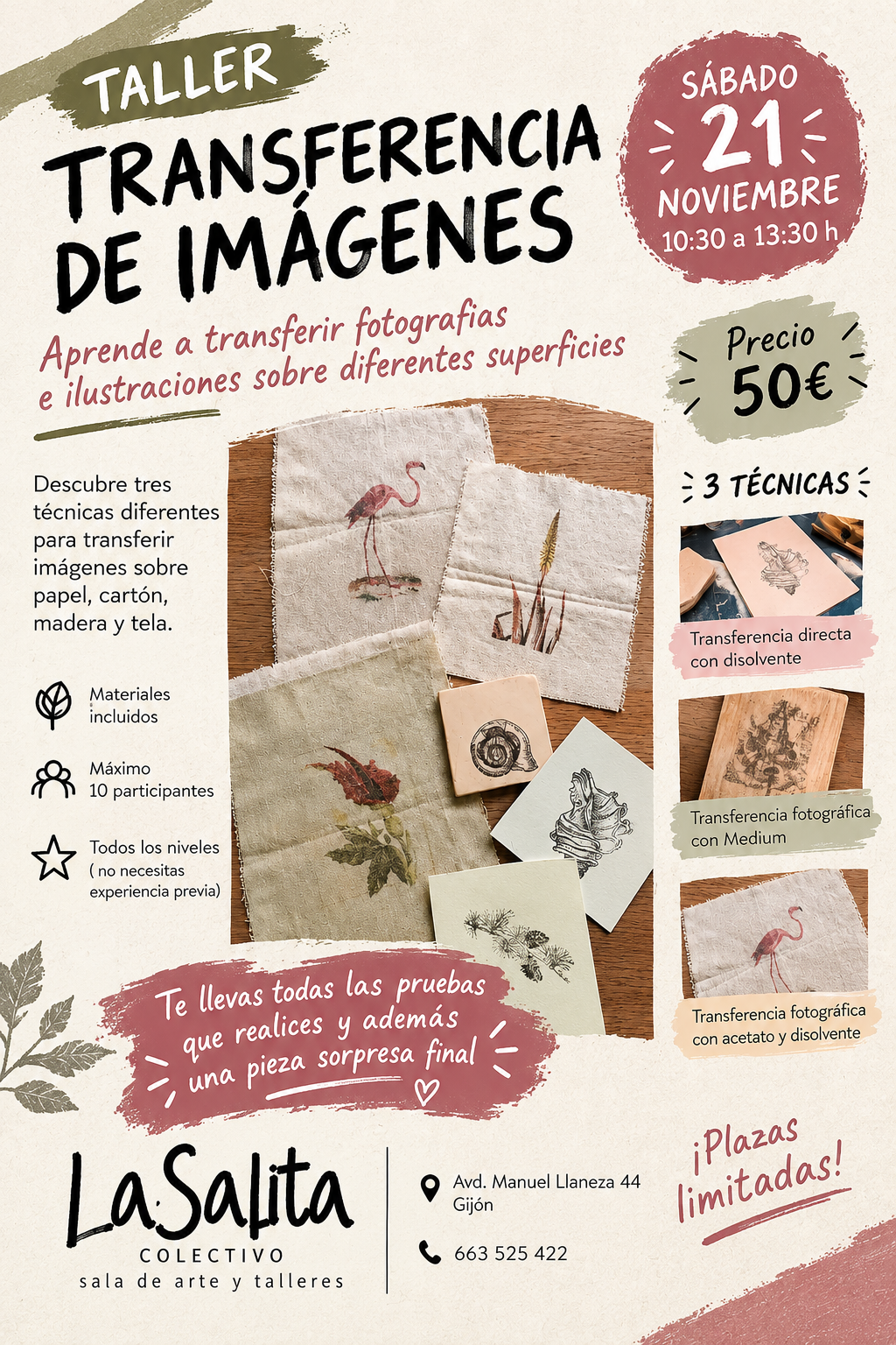 Taller de transferencia de imágenes en Gijón sobre madera y papel